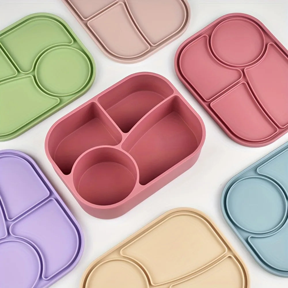 Rectangular Silicone 4 Grid Lunch Box Heat Resistant Leak Proof Lunch Container With Compartments Microwavable Food Box School