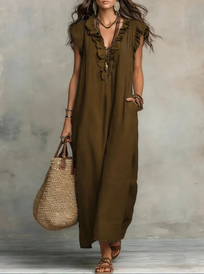 Women Spring Summer Boho Flutter Sleeve Floor Length Maxi Dress Elegant Beach Long Dress