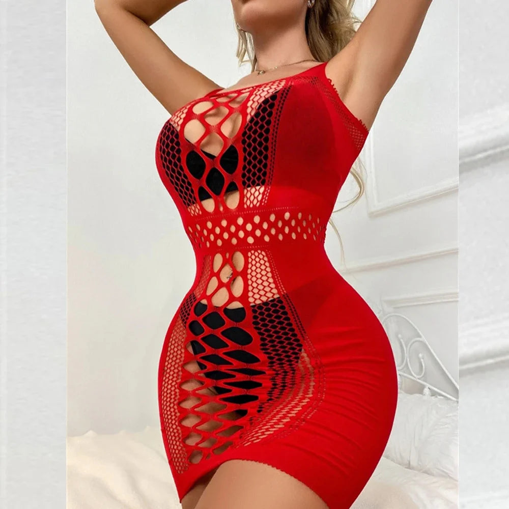 Women Fashion One-piece Bodycon Dress Ladies Erotic Fishing Net See Through Hollow Tight Lingerie Sexy Transparent Short Skirt