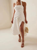 Customized Exquisite White Halter Square Neck Ruched High Slit Chiffon Midi 2026 New Elegant Guest Banquet Tea Length Prom Dress