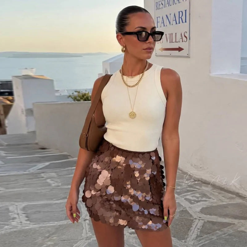 Casual Sequined Loose Sling Short Dress Women Sleeveless Backless Shinny Party Mini Dresses Female 2026 Summer Autumn Lady Robes