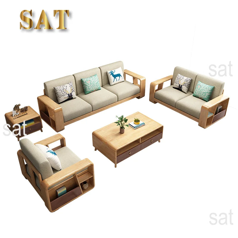 #Nordic Type Simple Modern Solid Wood Sofa Set Furniture Living Room Fabric Sectional Sofa