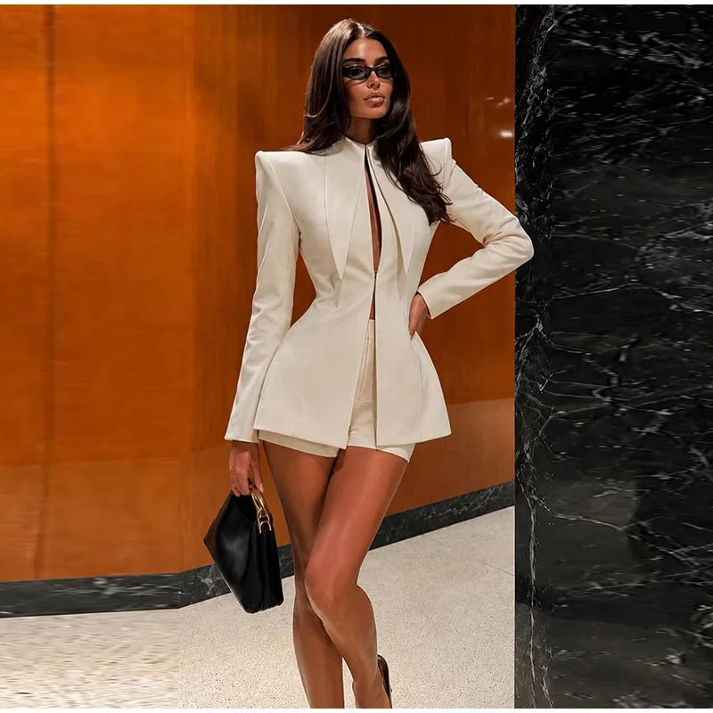 Women's Suit Shorts 2 Piece Set Long Sleeve Stand Collar Solid Coat Short Pants 2026 Summer Autumn Chic Female  Elegant Outfits