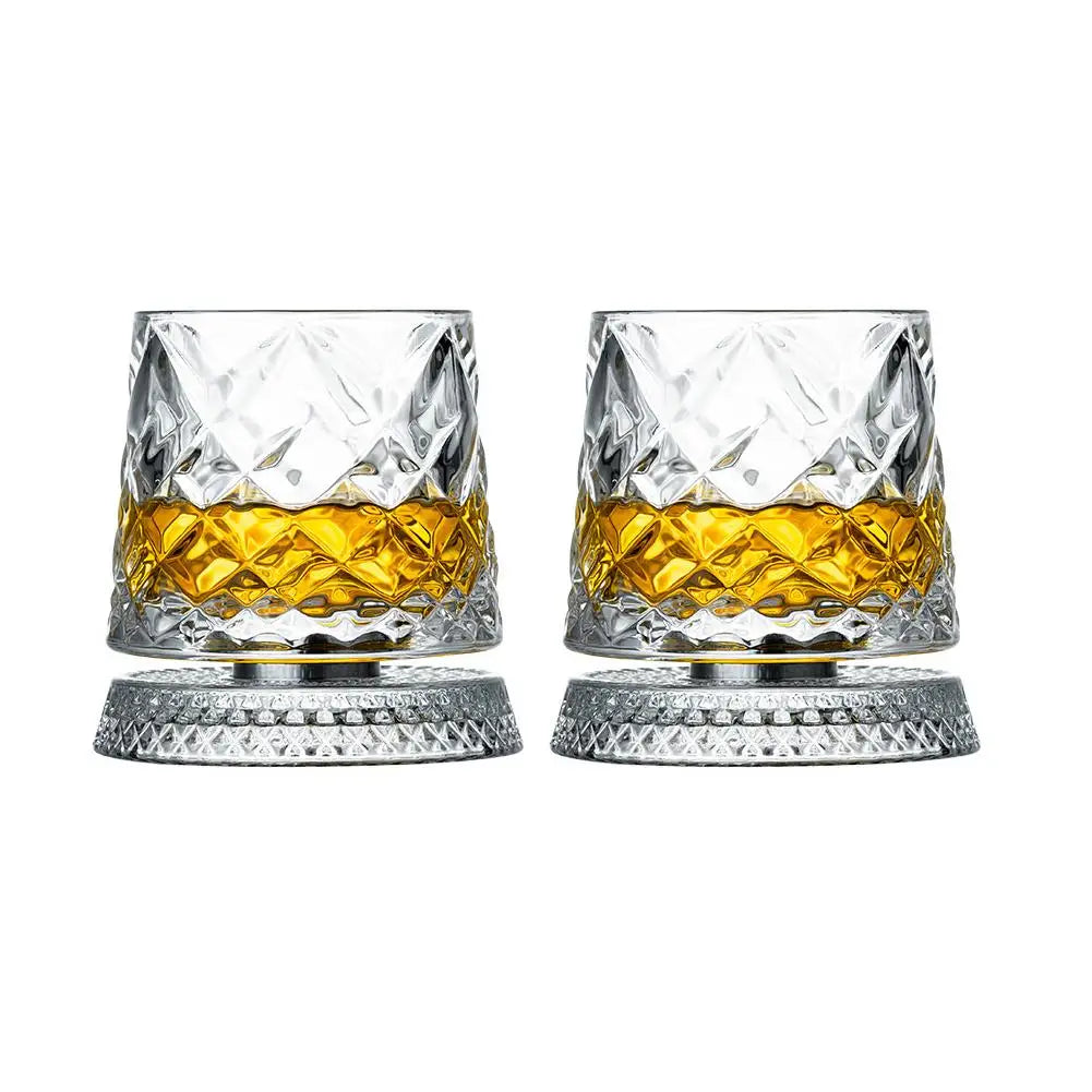 2PCS Whiskey Glasses Rotating Whisky Glass With Glass Base 360 Rotate Degrees Crystal Rum Glass For Cocktail Party Drinking Gift