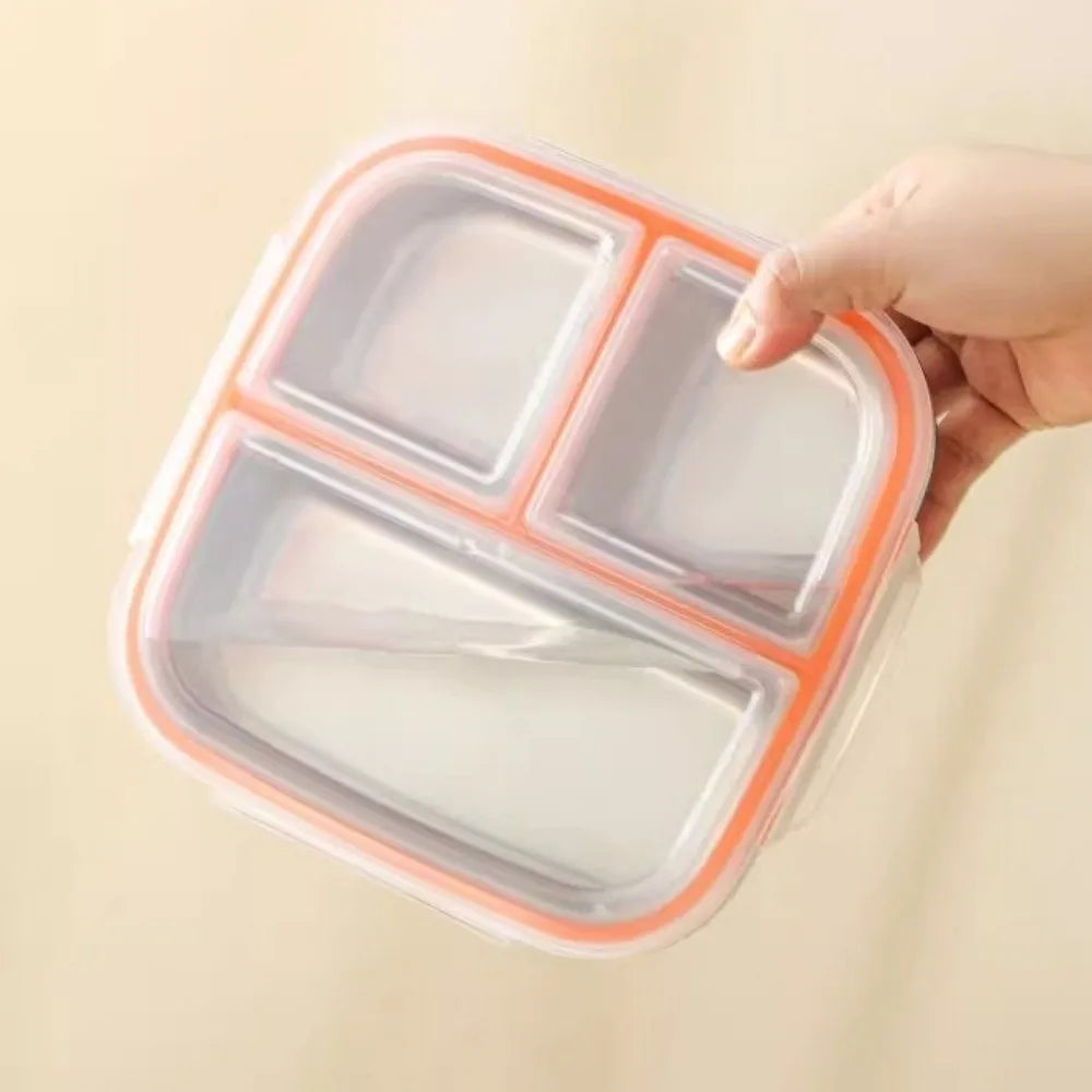 3/ 4 Grids Stainless Steel Lunch Box Reusable Sealed Food Container Leak Proof 600ml Capacity Student Meal Plate Microwave Oven