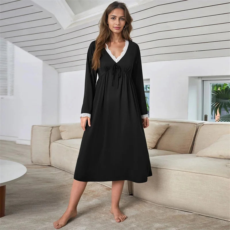 Women's Home Wear Long Nightgown Cotton Long Sleeves V Neck Sleepwear Dress Sexy Nightwear Clothes Lounge Ladies Nightshirt