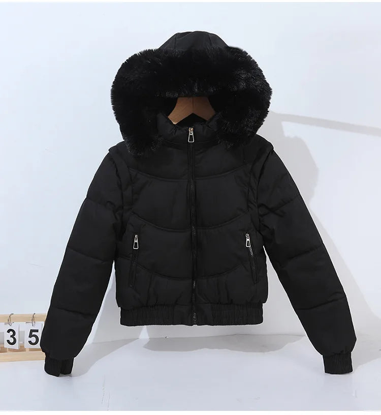 Winter Thickened Short Korean-Style Cotton-Padded Jacket with Fur Collar for Petite Women Warm Coat down Filled