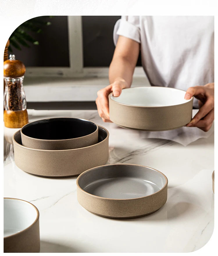 Retro Japanese Style Ceramic Bowl Set for Home Use round Shape Dinnerware Tray Dumpling Soup Noodle Bowl Matte Finish Utensils