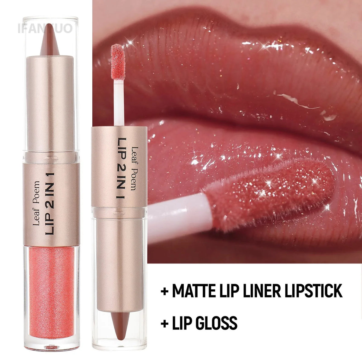 2 in 1 Lip Liner & Lip Gloss Waterproof Double Ended Matte Contour Pencil Crystal Mirror Lip Glaze Lasting Non Sticky Lip Makeup