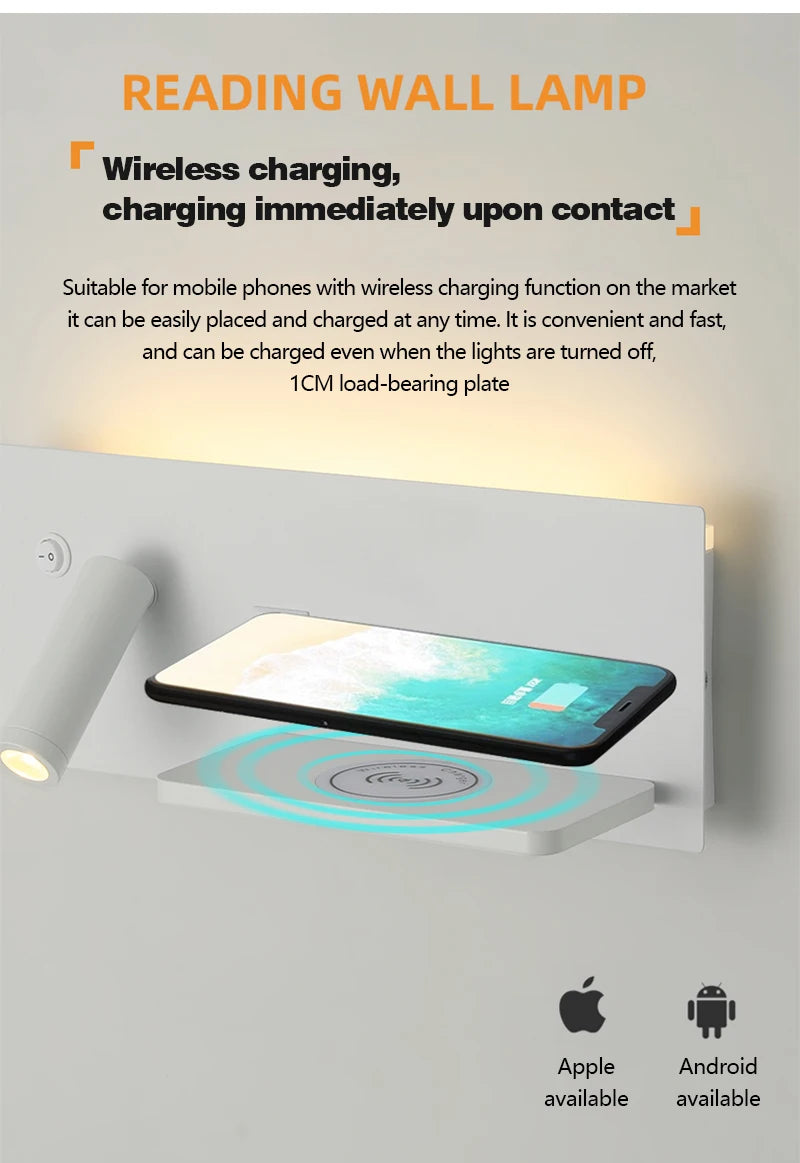 Modern LED Wall Lamp with Wireless Charger Simple Creative USB Interface Night Light Suitable for Living Room Bedroom Study