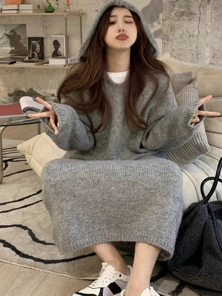 Korean style autumn hooded cashmere sweater long sweater dress loose women's knitted woolen hoodie