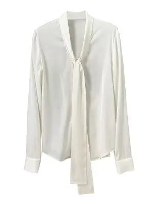 SuyaDream Women's Silk Blouse Long Sleeve Bow Collar Office Chic Solid Color Shirt 93% Silk 7% Spandex Spring 2025