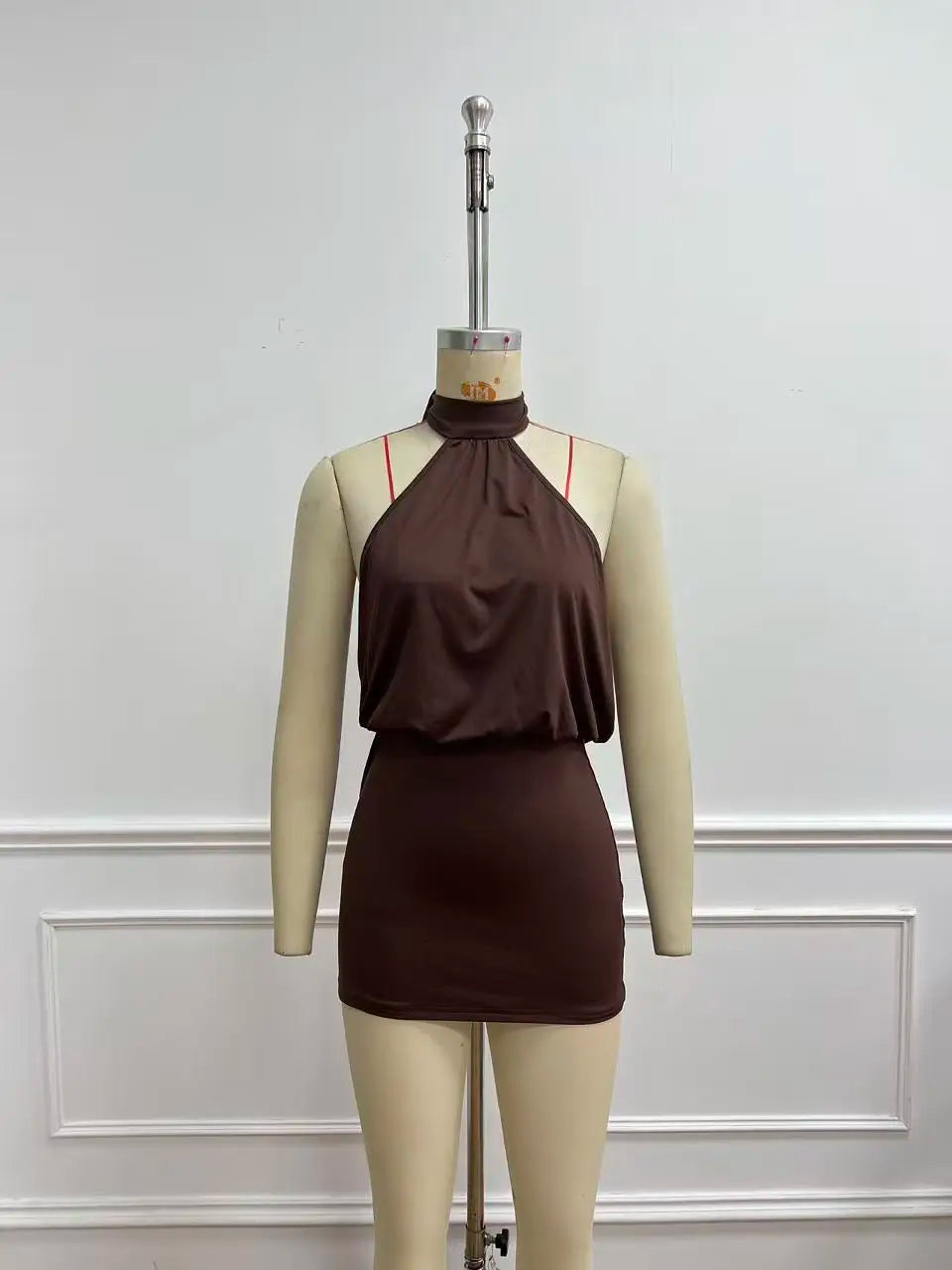 Women's Solid Color Spaghetti Strap Mini Dress, Sleeveless Halter Neck Backless Evening Gown, Summer Bodycon Party Dress