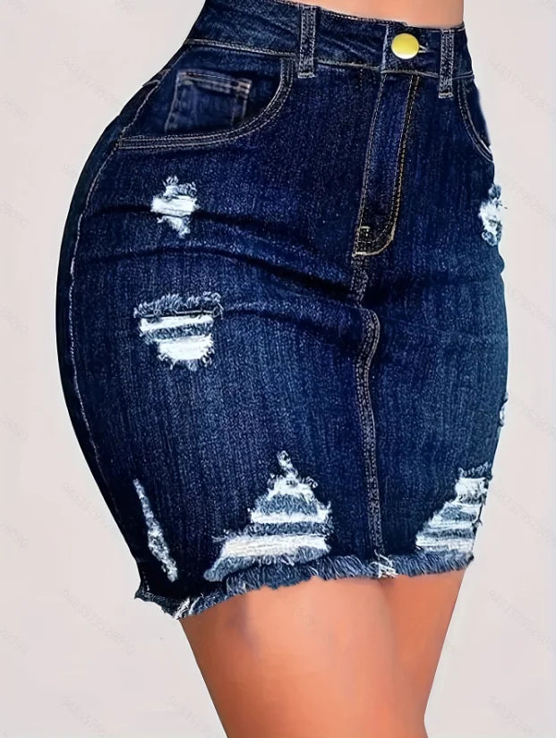 Dark Blue Ripped, Frayed-Edge, Bodycon Denim Skirt