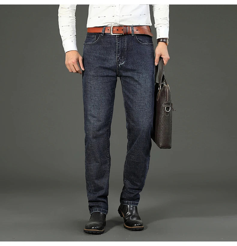 OUSSYU Brand Classic Retro Blue Men's Jeans Denim Pants Work Streetwear Straight Stretch Business Autumn Winter Cotton Trousers