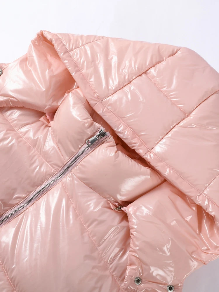 Chic Glossy Zipper Hooded Coat Women's Warm Elastic Waist Pleated Cropped Puffer Jacket 2026 Winter New Lady High Street Outwear