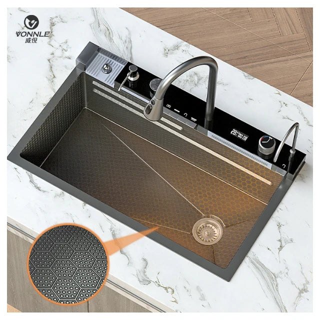 LED Factory 304 Stainless Steel Anti-Scratch Kitchen Sink Multifunction LED Digital Display Pull-Out Faucet Single Bowl Design