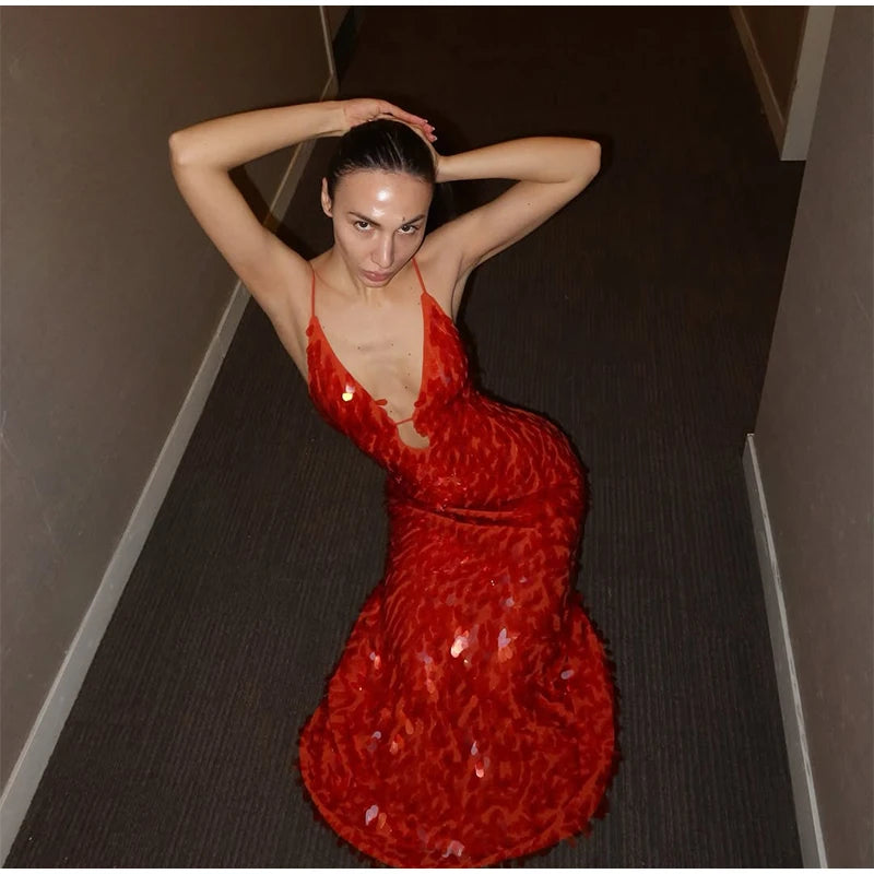 Women Sequin Sling Maxi Dress V-neck Solid Backless High Waist Sleeveless Dresses 2025 Fashion New Summer Lady Party Robes