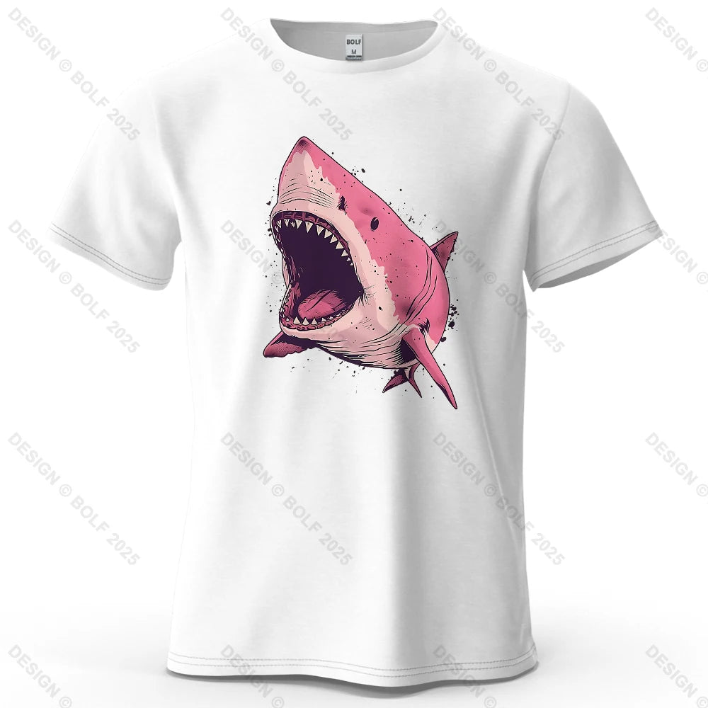 Pink Shark Cartoon Image Printed Men's T-Shirt 100% Cotton Oversized Marine Life Graphic Tees for Women Tops Tees Streetwear