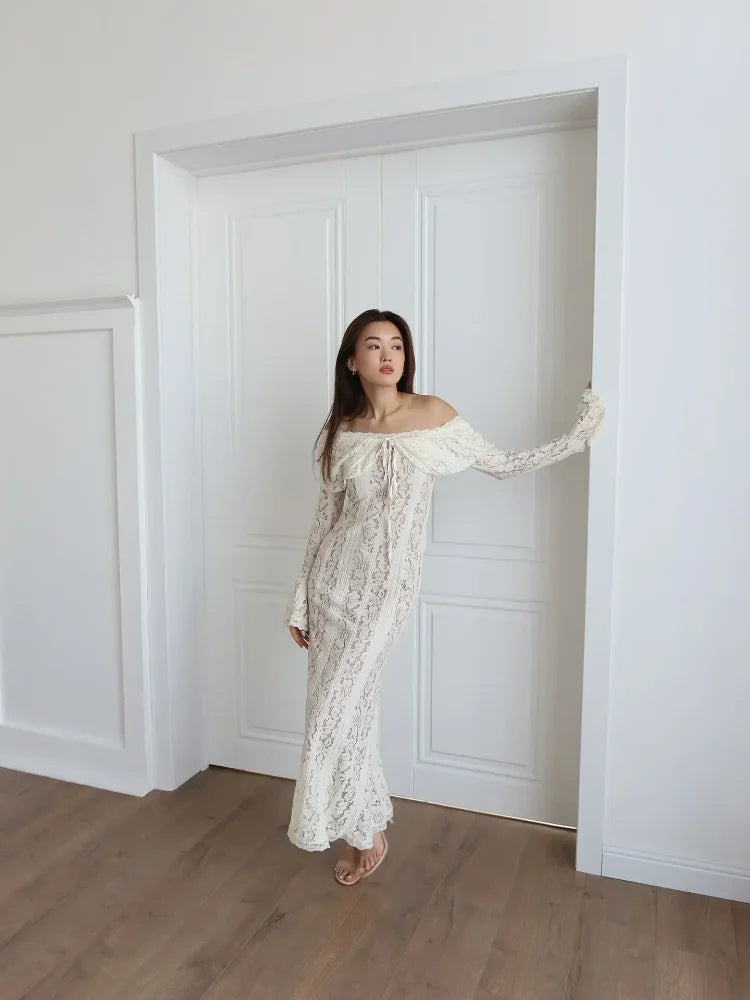 White Lace Flare Off Shoulder Dress Women Elegant Sexy Hollow Out Long Sleeve Slim Dresses 2026 Spring Lady Mermaid Floor Robe