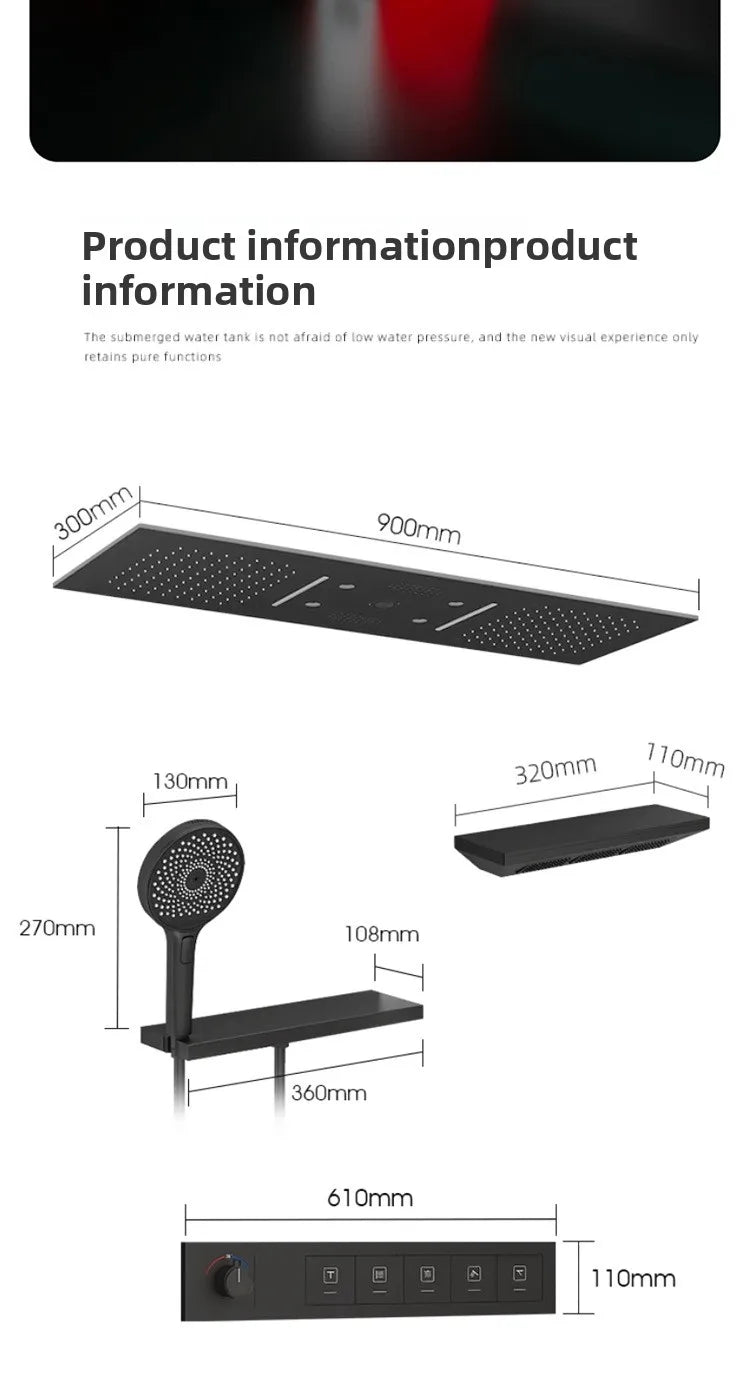 Rainfall LED Bluetooth Shower Set with Digital Display and Thermostatic Control All Brass Buttons