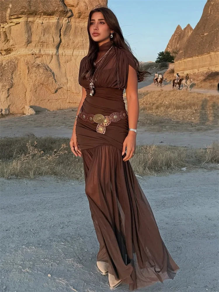 Tossy Black Mesh Fashion Maxi Dress For Women Sleeveless See-Through Patchwork Pleated Party Dress Female Autumn Long Dress 2025