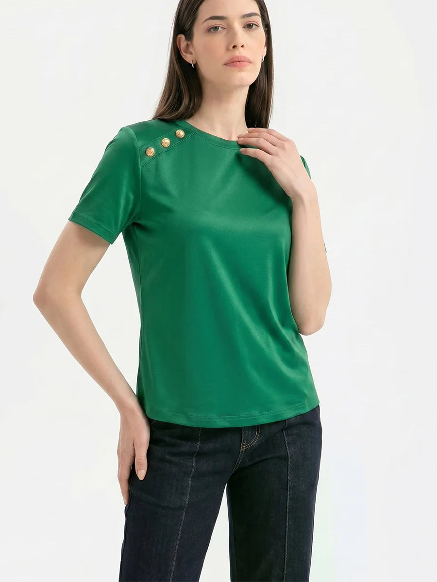 Fashionable Short Sleeve T-Shirt Women's Slim Fit Solid Color Summer 2026 Casual round Neck Polyester Blend Top