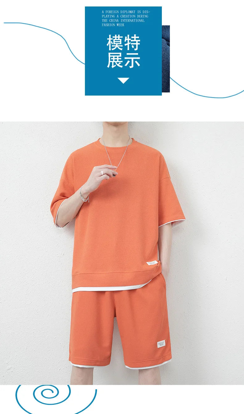 Summer Solid Waffle Tracksuits 2026 Men's Short Sleeve Shorts Casual Two Piece Sets Loose Breathable Men Clothes Joggers Outfits