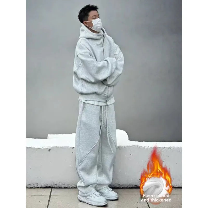 Men's Autumn Winter Hooded Open Cardigan Double Zipper Fleece Long Pants Sport Casual Two-Piece Set Versatile Polyester Fiber