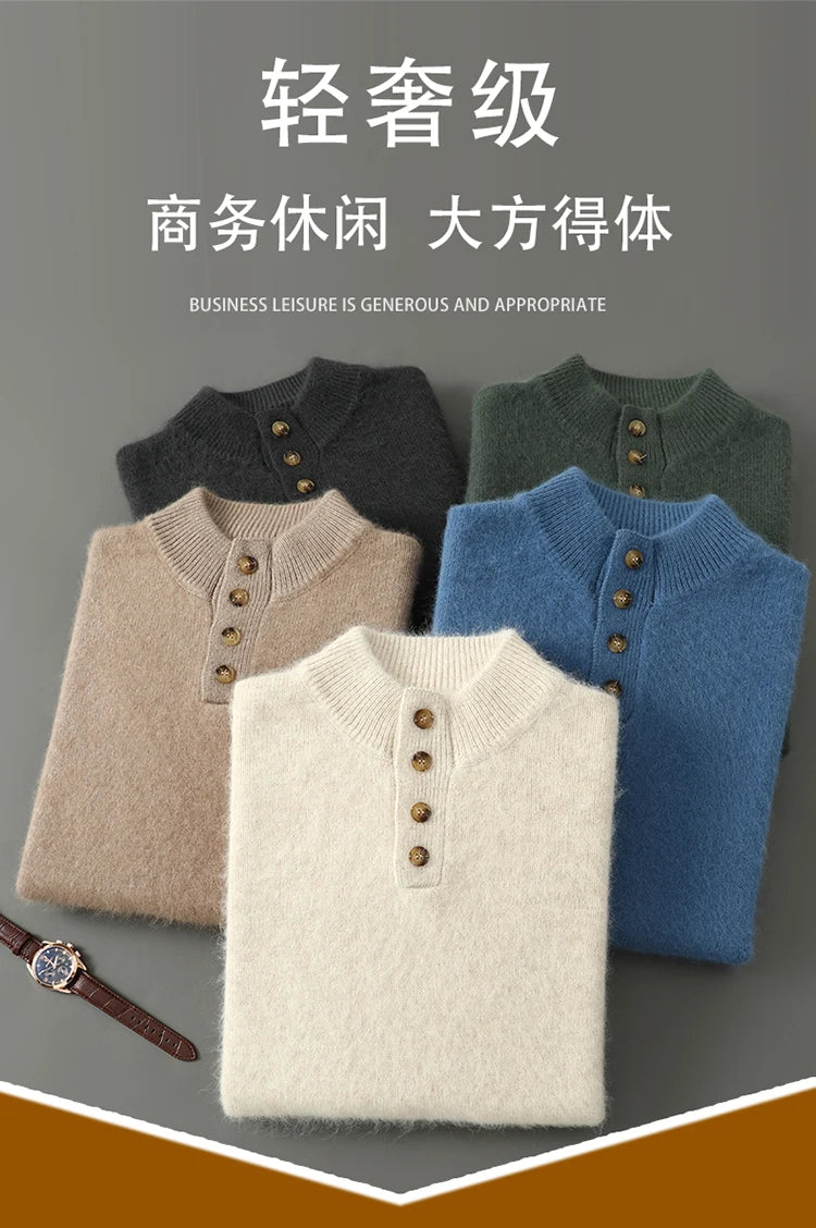 Men's Thicken 100%Pure Mink Cashmere Sweater Youth Button Semi-High Neck Loose Knit Pullovers Autumn and Winter Warm Base Shirt