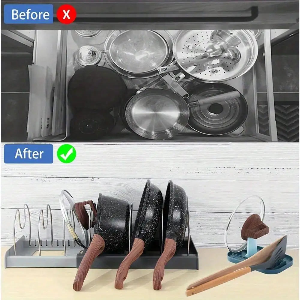 Expandable Pans Organizer Rack Kitchen Cabinet Pan Rack Drawer Expanding Cookware Space Saving Kitchen Cabinet Organizer Holde