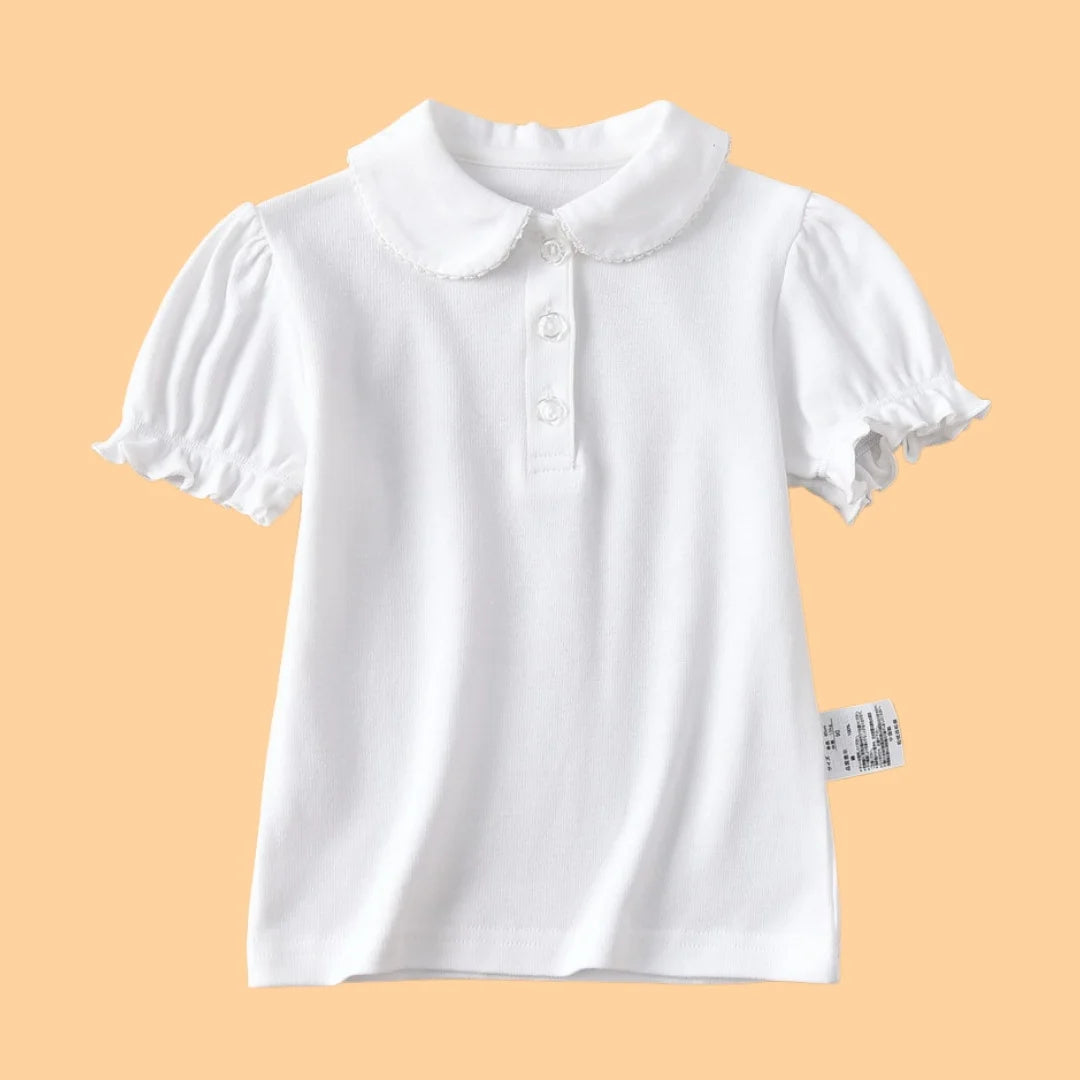 Girls White Cotton Polo Shirt Loose Breathable Children's T-shirt School Clothing POLO Size 100-170