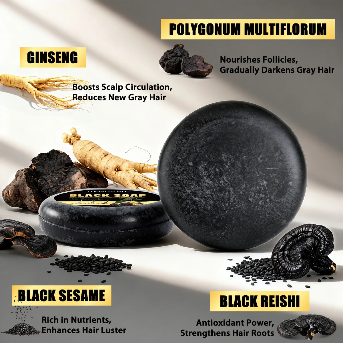 Natural Black Hair Shampoo Soap Ganoderma Polygonum Multiflorum Nourishing Gradually Repairing Gray Hair Herbal Hair Growth Soap