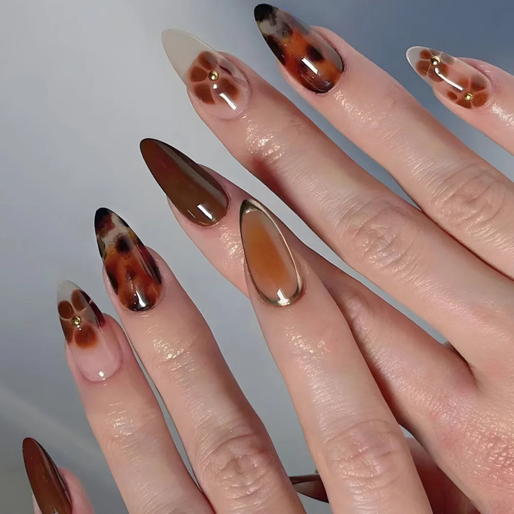 24PCS French Leopard Print Press on Nails Autumn Golden Pearl Brown Flowers Almond False Nails for Women Wearable Nail Manicure