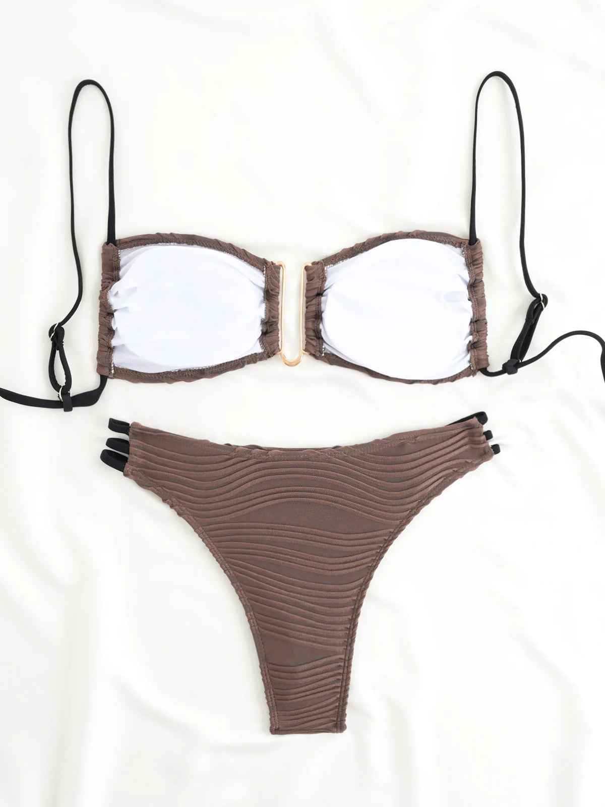 Color Block Ruched Bikini Swimsuit Thin Shoulder Straps Square Metal Ring Bikini Top Multi Strap Brief Fashion Bathing Suit