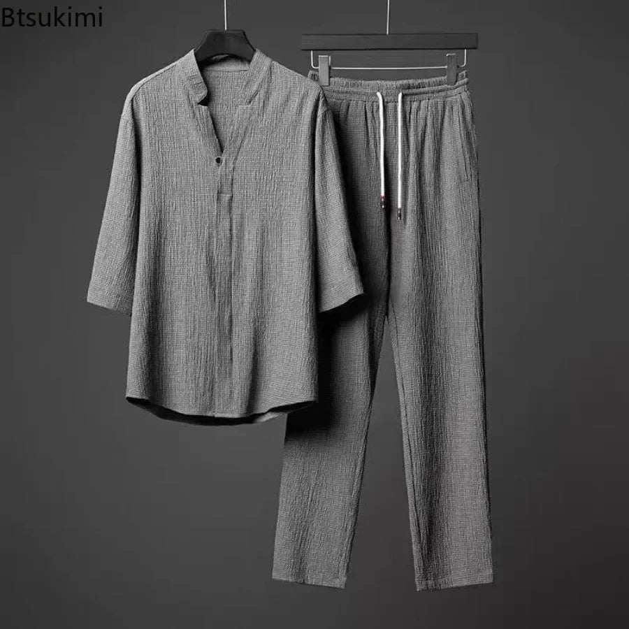 2026 Men's Two Piece Pant Sets Spring Summer Short Sleeve Shirt And Pants Outfits For Men Solid Cotton Linen Clothing Sets Male