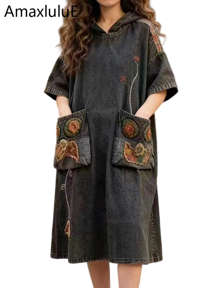 Amax LuluE Spring Vintage Loose Denim Dress Ladies 2026 Fashion Causal Embroidery Vestidos Womens British Classic Luxury Clothes
