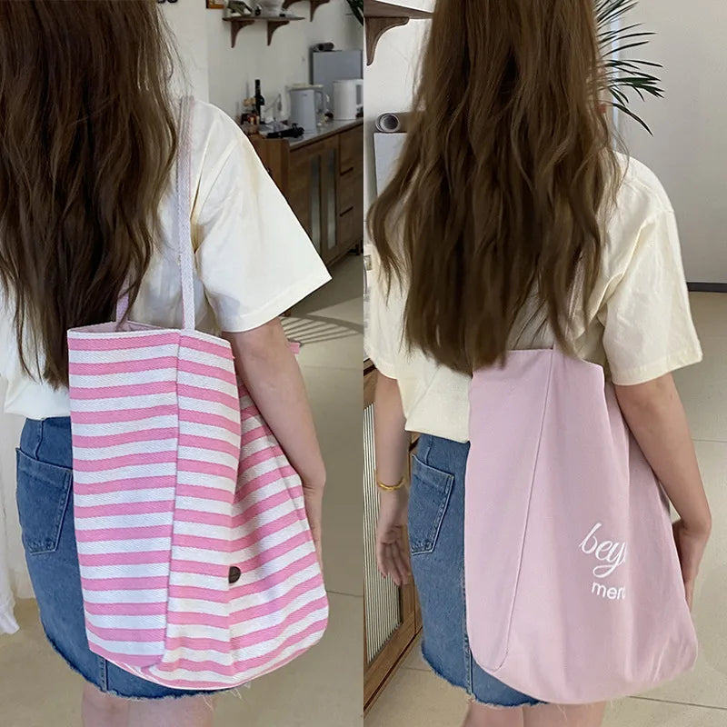 Casual Large Capacity Women's Canvas Shoulder Bags Striped Design Female Shopping Bag Summer Seaside Girls Handbags Beach Tote