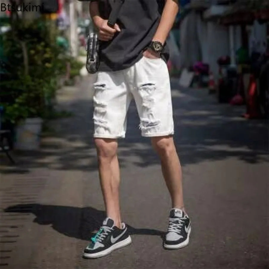 Men's Fashion Denim Shorts Summer Ripped Casual Denim Knee Length Solid Jeans Shorts White Classic Jeans Shorts Y2k Streetwear