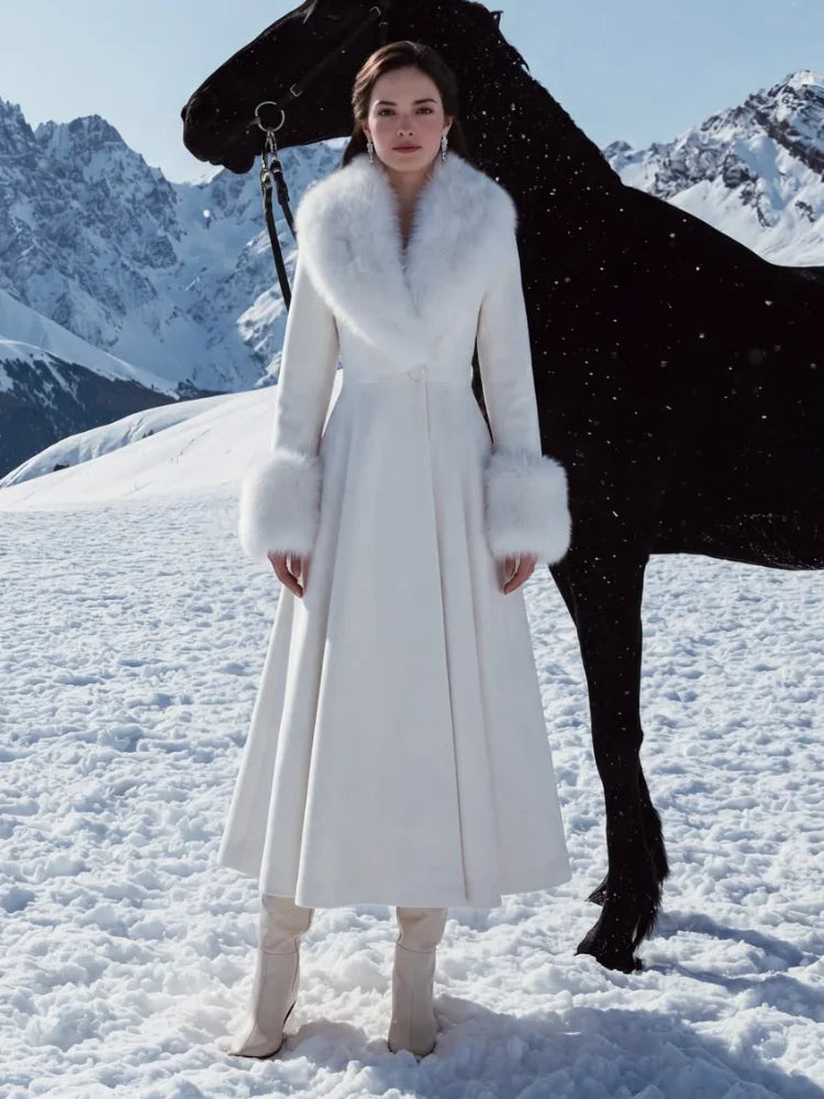 Women Detachable Faux Fur Collar Long Wool Blend Elegant A‑line Maxi Dress Coat Winter Vintage Luxury Slim Fit Wedding Outerwear