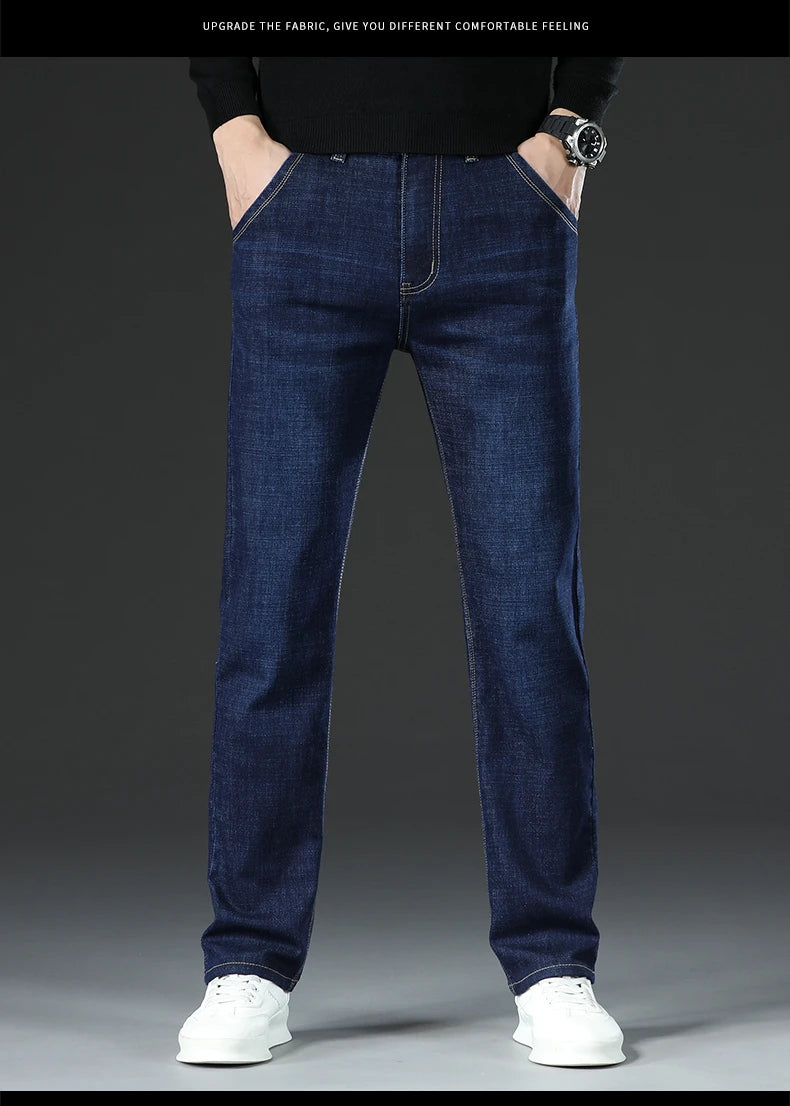 Men Winter Fleece Warm Jeans Brand 2024 Fashion Business Pants Retro Classic Denim Trousers Autumn Casual Stretch Slim Jeans Men