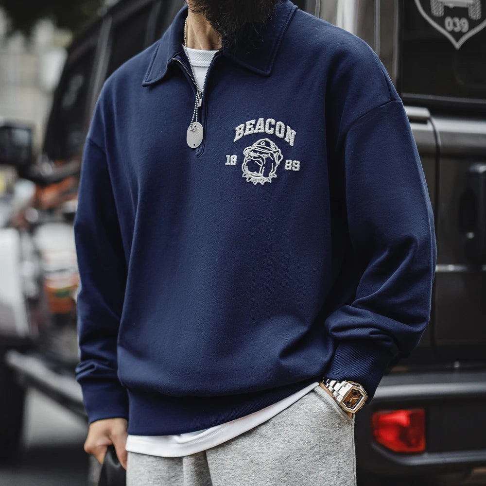 Maden Vintage Men's Long Sleeve Embroidered Sweatshirt with Letters Half-open Front Casual Hoodie Turned-up Collar for Spring