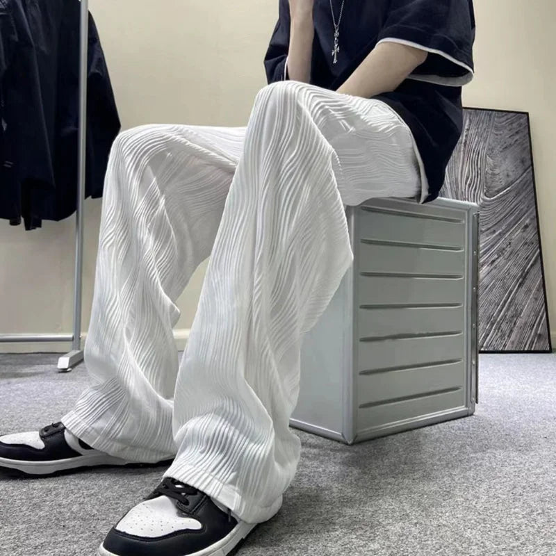 Summer Korean Fashion Simple Ice Silk Wide Leg Pants Men Solid Elastic Waist Pockets Thin High Street Loose Straight Trousers