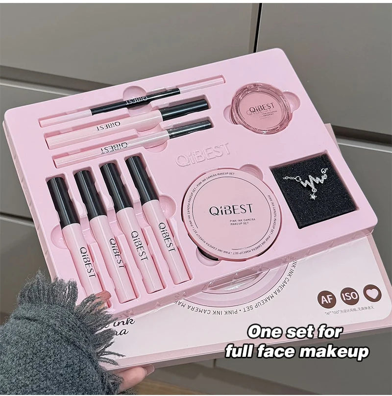 Multipurpose Makeup Set 4PC Liquid Lipstick,1 Pressed Powder,1 Face Blush,1 Eyeliner,1 Mascara,1 Eyebrow Pencil Korean Cosmetics