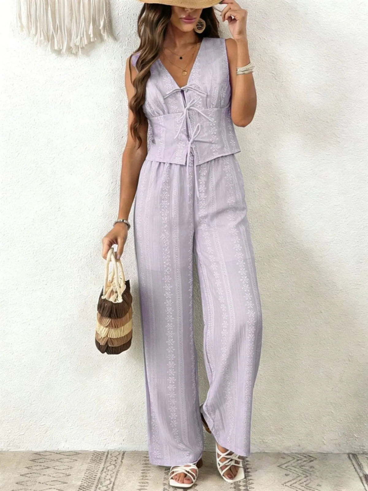 Women Multi Color Eyelet Lace 2 Piece Outfit Sleeveless V Neck Tie Front Crop Top Wide Leg Pants Summer Casual Set