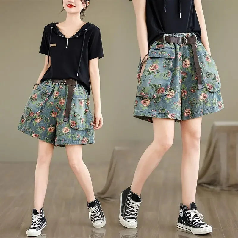 Retro Floral Printed Denim Wide-leg Shorts Women Summer Latest Fashion Baggy Big Size Girl Thin Elastic Waist Jean Short Pants