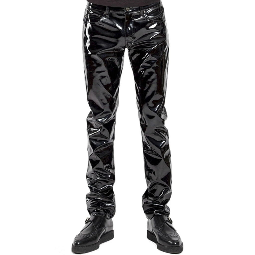 Men Latex Leather Pants Low Waist Faux Leather Shiny Pants Fashion Tight Trousers for Club Stage Show Rock Band Performance