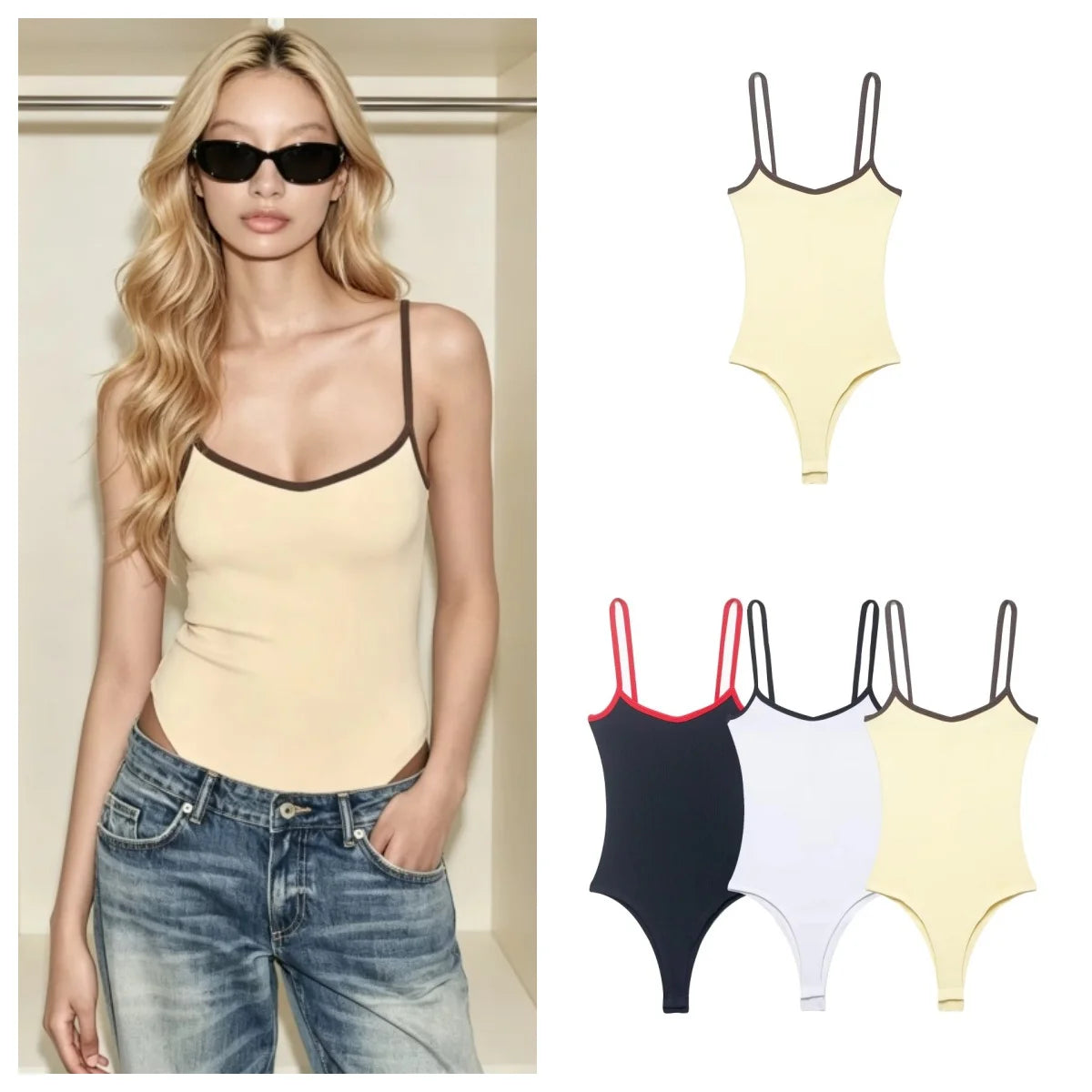 Women's Jumpsuit 2026 Summer New Cute Hot Girl Style Fashion Round Neck Color-Blocked Piping Straps Cotton Blend Fabric