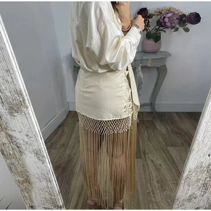 Vintage Embroidered Blouse Tie V Neck Cutout Patchwork Fringe Hem Puff Long Sleeve Tunic Cover Up Women's Relaxed Holiday Wear