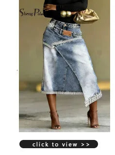 SHENGPALAE Women Denim Maxi Skirt High Waist Washed Lace Splicing Casual Streetwear Floral Hollow Pocket Summer 2026 New
